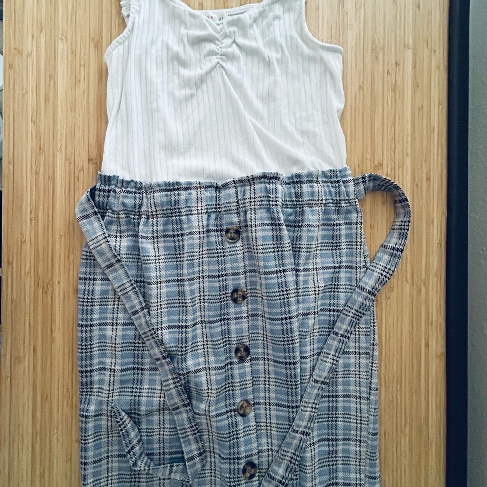 Ultra Flirt White Ribbed Top with Blue Plaid Button Skirt Mini Dress